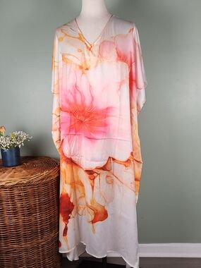 Batwing Sleeve Loose Fit Caftan Kaftan Mo Mo Maxi Dress Orange Pink Silk Blend